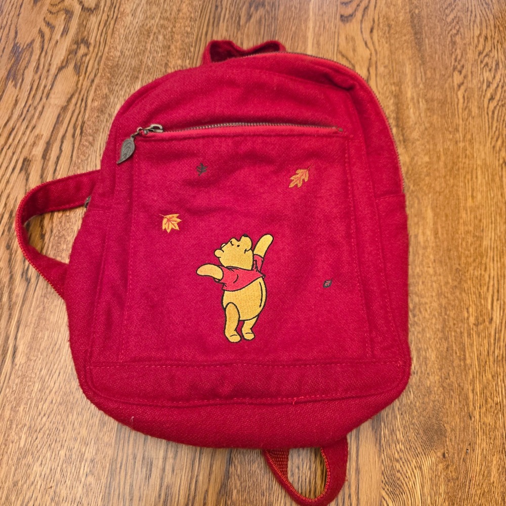 Disney Store Winnie the Pooh Red Felt Embroidered Fall Leaves Mini Backpack Bag
